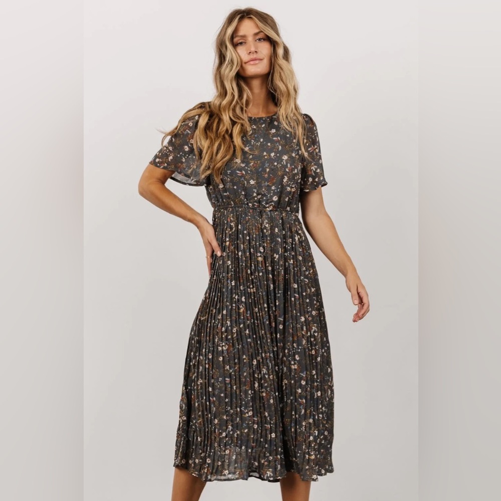 Baltic Born Dark Floral Midi Dress in Charcoal with Rust and Cream Accents